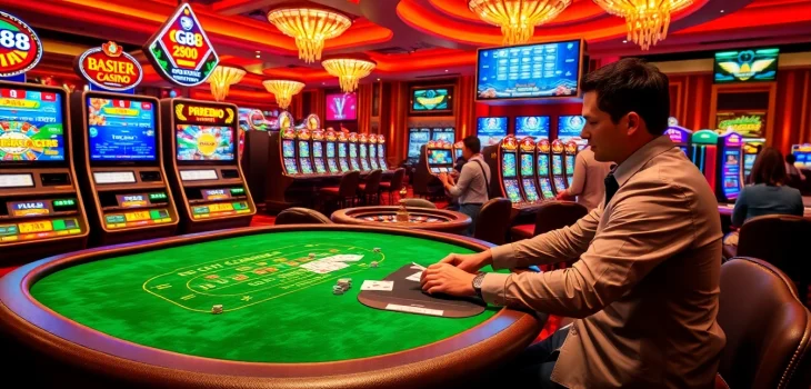 GG88 casino excitement with vibrant slot machines and engaged players enjoying luxury gaming.