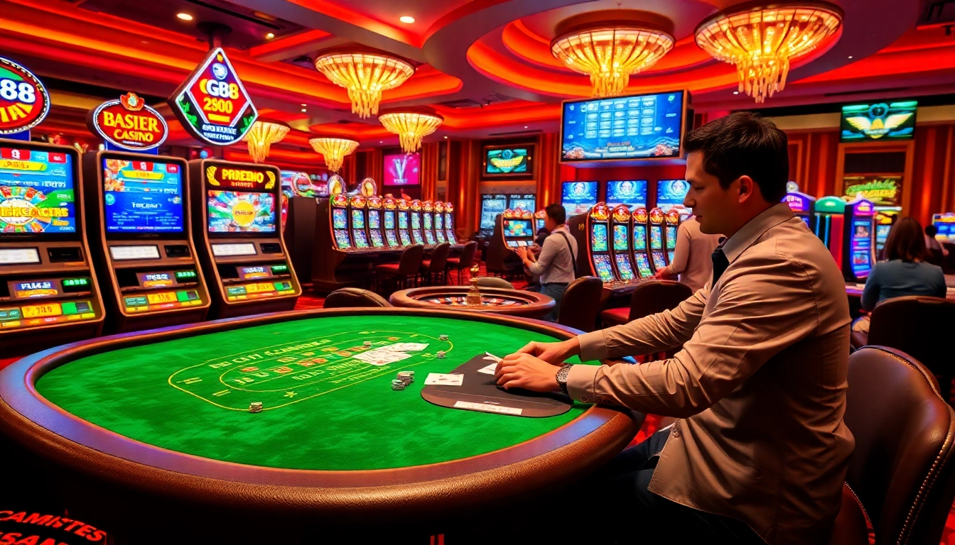 GG88 casino excitement with vibrant slot machines and engaged players enjoying luxury gaming.