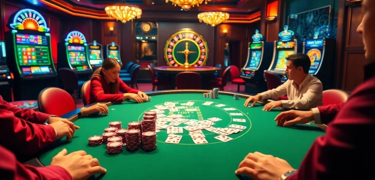 Players engaging in high-stakes poker at the UU88 casino table, showcasing chips and cards.