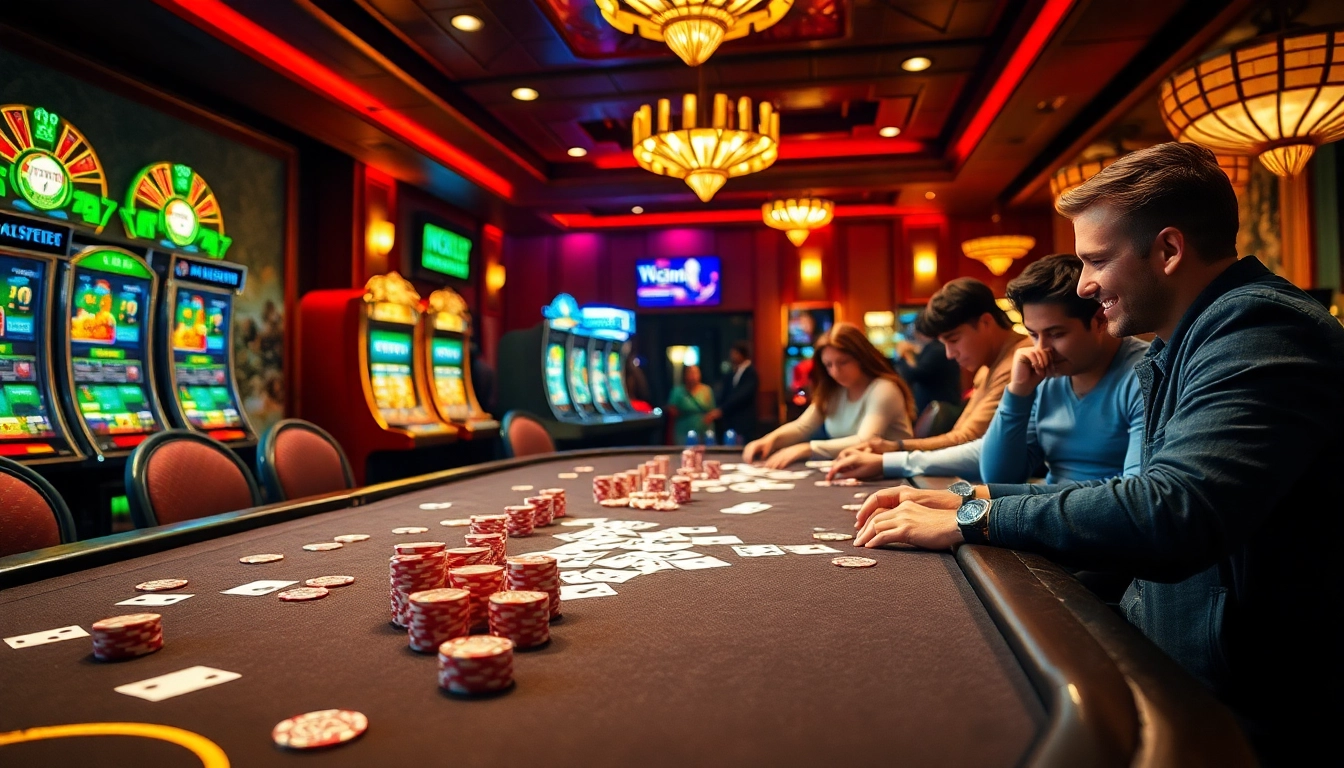 Players enjoy the excitement of gambling while tải game TT88 on their devices in a vibrant casino setting.