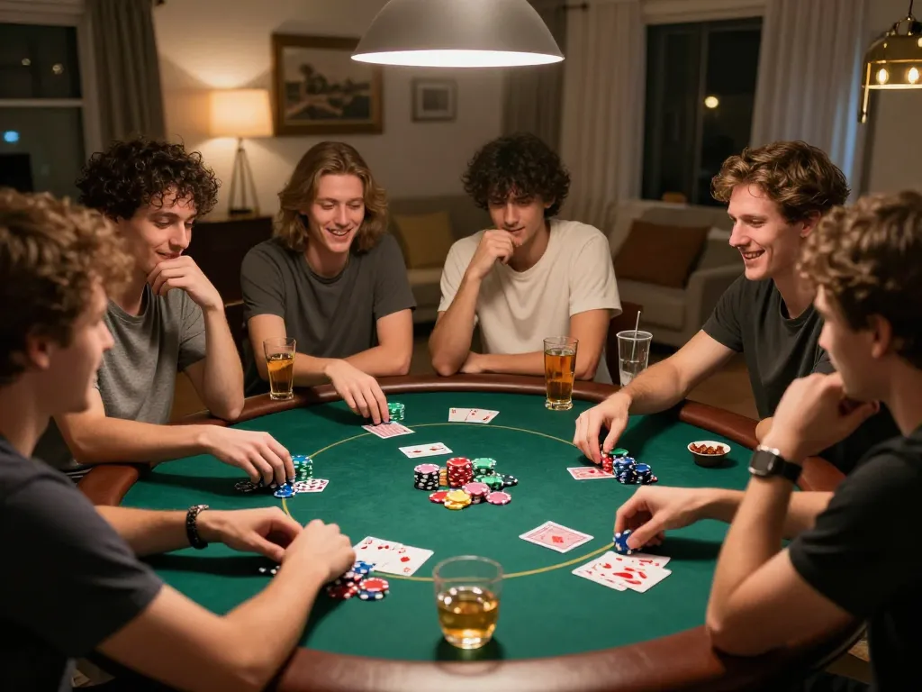 Bong88 players strategizing at a vibrant home poker night, showcasing camaraderie and excitement.