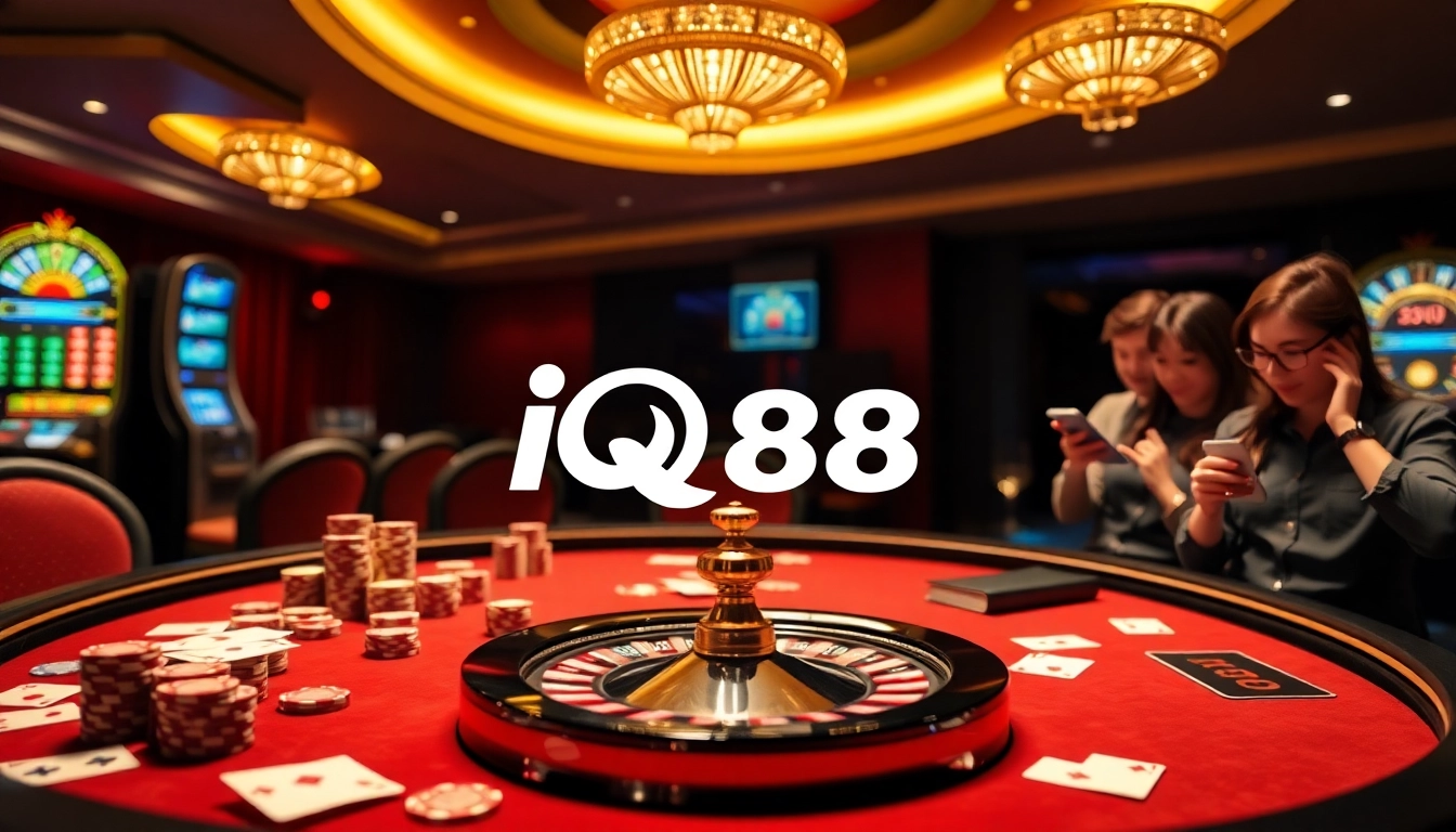 Excited players enjoying high-stakes gaming at the iq88 casino with vibrant slot machines.