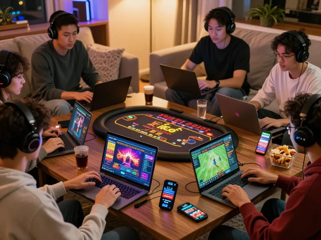 Friends enjoying gaming with BL555 on laptops and mobile devices in a cozy living room.