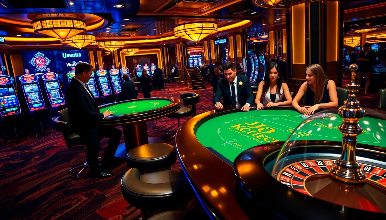Gamblers enjoying KJC-themed poker at a luxurious casino table filled with excitement.