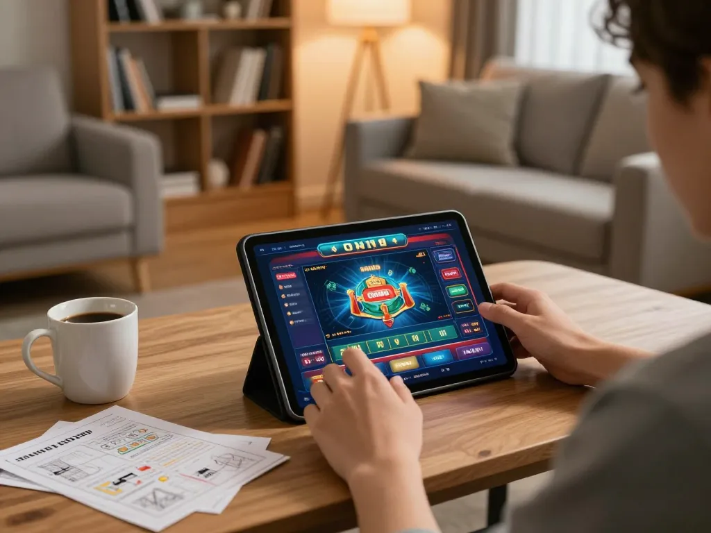 TG88 bet online gaming setup: Enjoying casino games on a tablet in a cozy home environment.