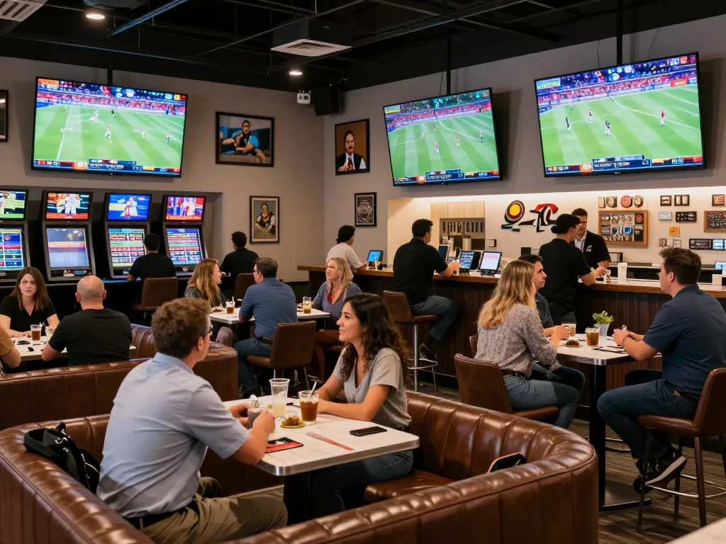 Exciting sports betting experience at B52 casino lounge with bettors engaged in games and live action.