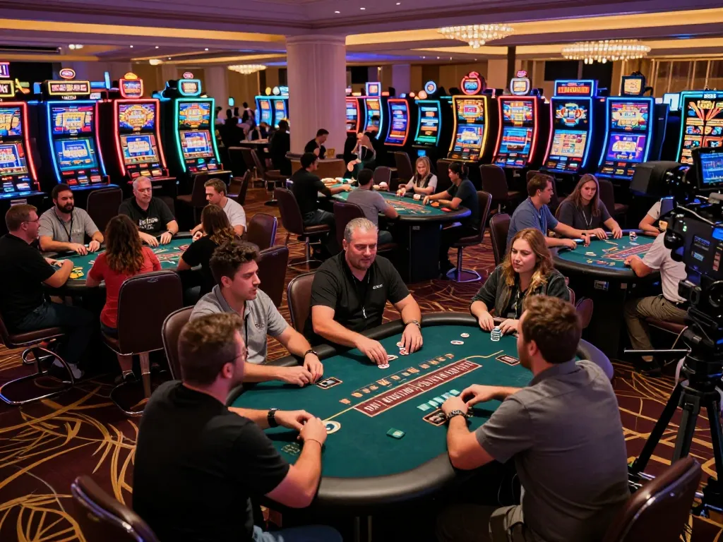 Engaged players at https://lucky88za.com/ poker tables celebrating wins in a vibrant Las Vegas casino atmosphere.