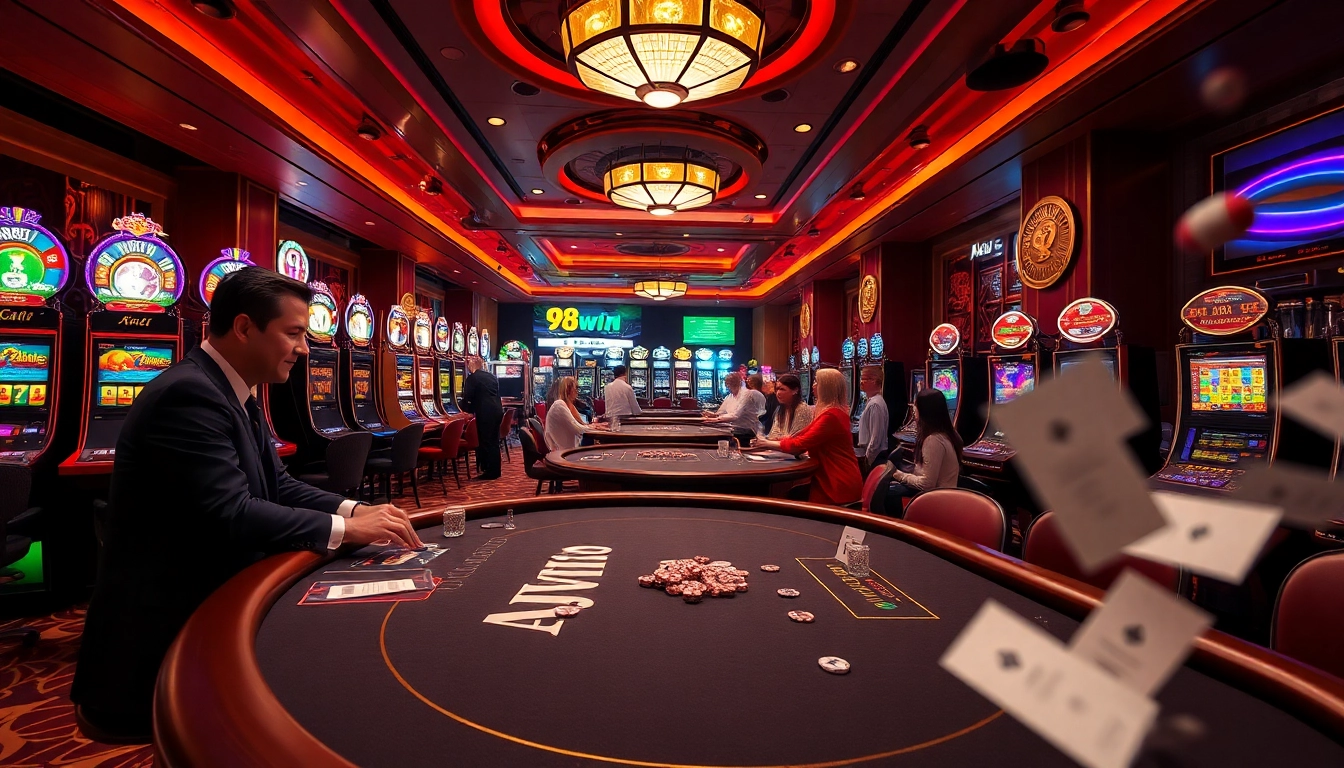 Experience thrilling action with 98win01 in a vibrant casino atmosphere featuring poker tables and slot machines.