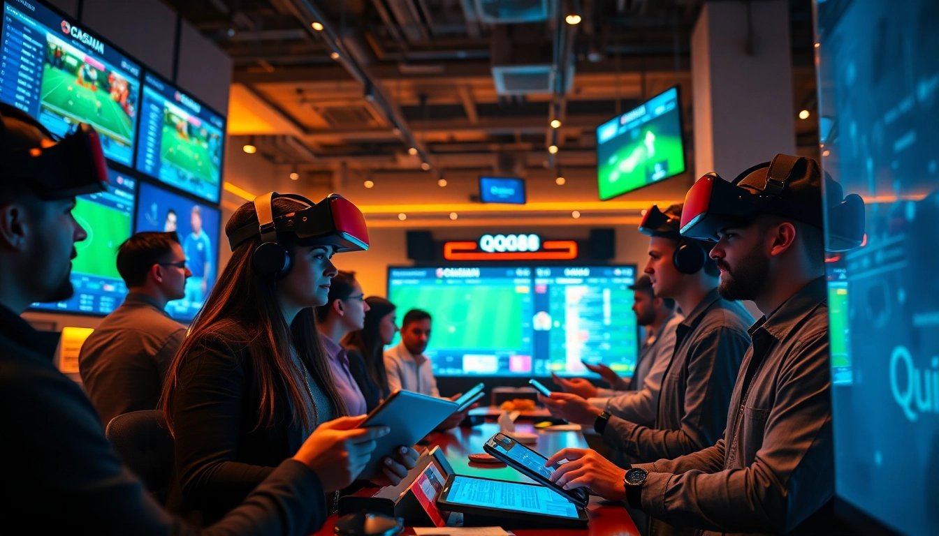 Exciting online gambling scene representing QQ88 Education with players using high-tech betting interfaces.