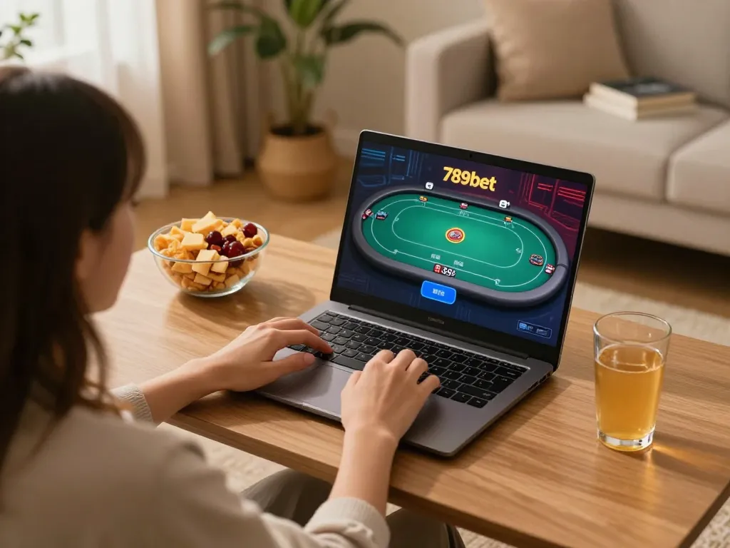 The interactive experience of 789bet shows a player engaging with online poker at home, highlighting strategic gameplay.