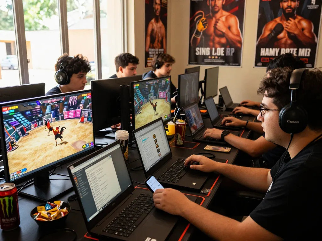 Exciting online betting at https://bj388.my with gamers focused on live cockfighting matches, showcasing dynamic streaming setups and passionate atmosphere.