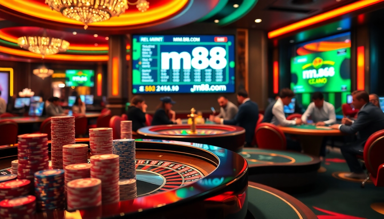 Experience the thrill of high-stakes poker at mm88.com with vibrant casino tables and enthusiastic players.