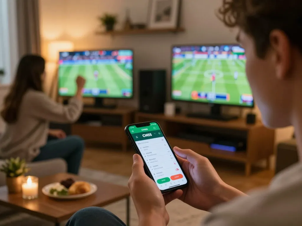 Person engaging with the CM88 app for online sports betting in a lively social setting