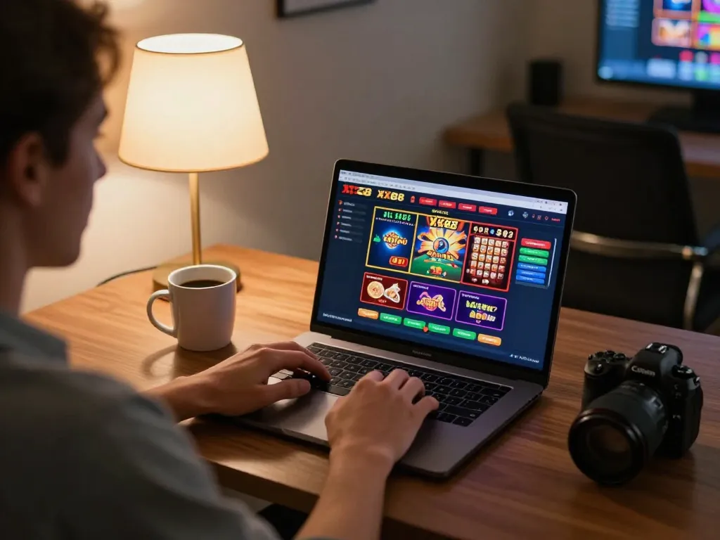 Engaging online player exploring diverse gaming options at XX88 casino interface on laptop