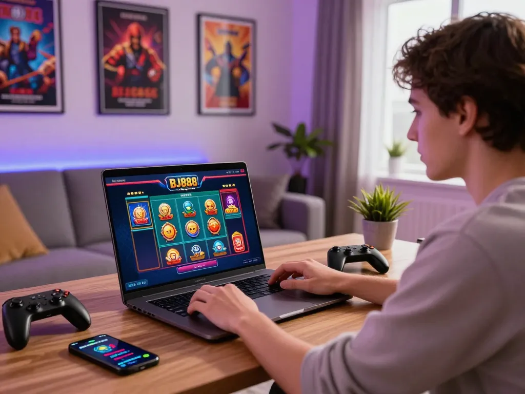 Engaged player enjoying BJ888 online gaming platform on a laptop in a vibrant living room setting, showcasing an energetic atmosphere.