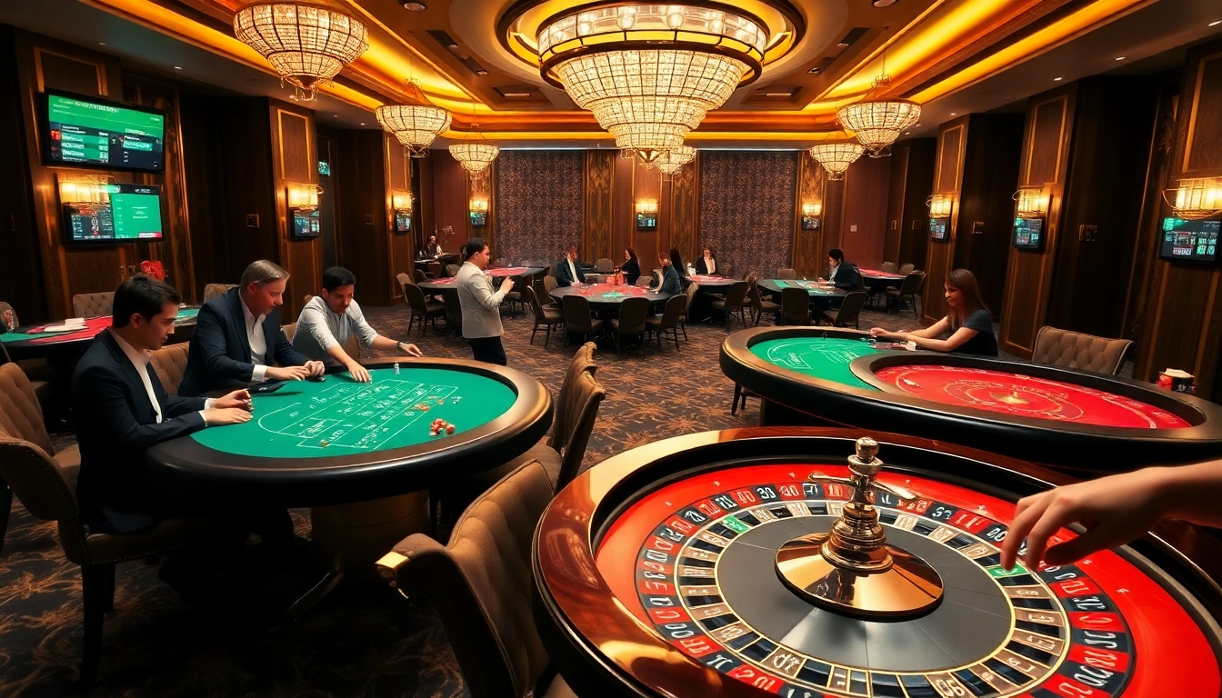 Players enjoy thrilling games at IQ88 casino, featuring poker tables and roulette wheels.
