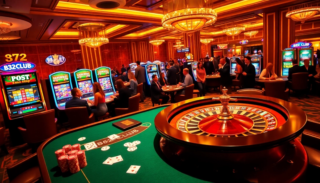 B52 CLUB gamblers enjoying an upscale casino experience with poker and slot machines.