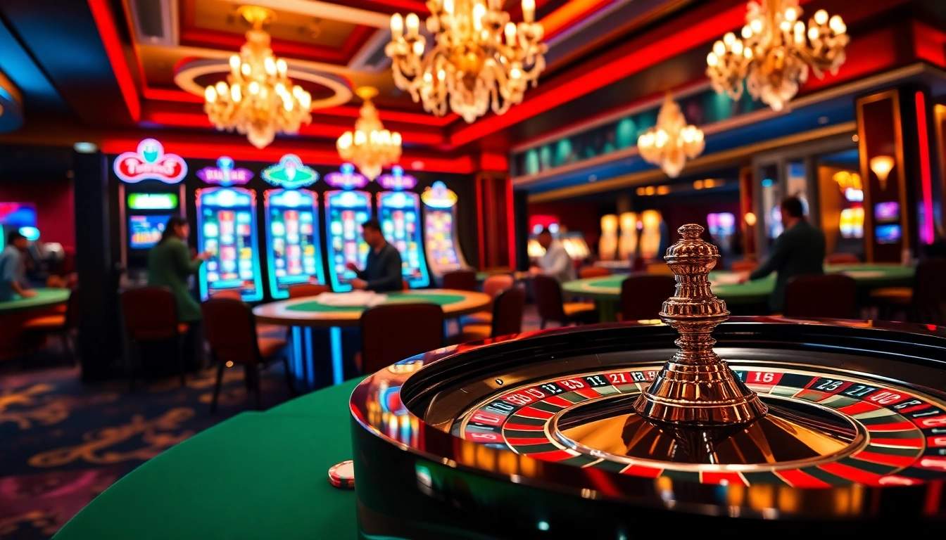 Experience the excitement of gambling at https://bem88.com with a luxury casino scene showcasing roulette and slots.