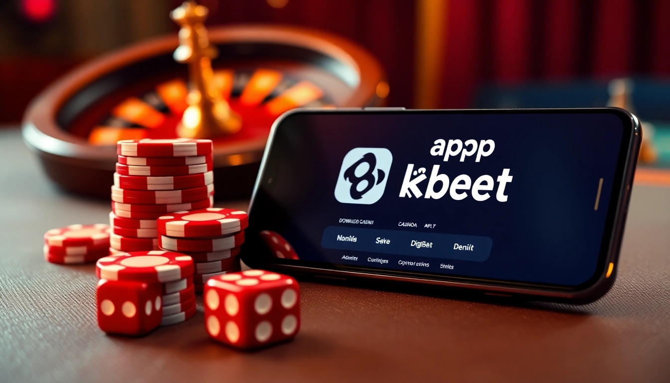 Downloading Tải app 8kbet on mobile with vibrant poker chips and roulette wheel casino action