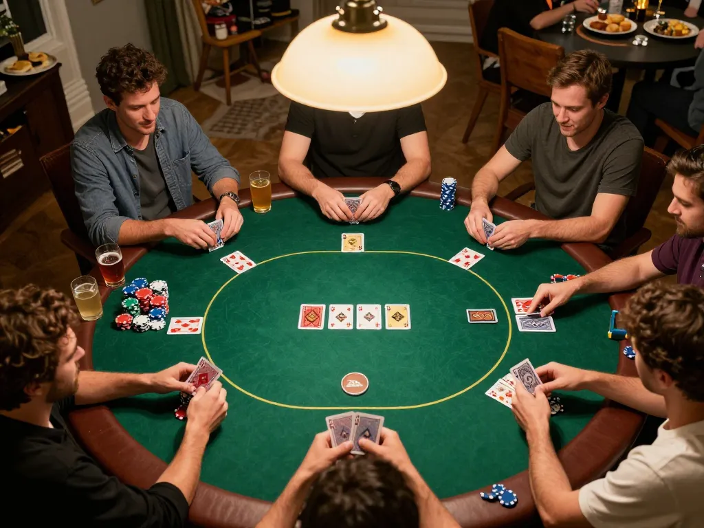 Players enjoying WIN79 poker strategy night at home with a friendly atmosphere and vibrant card game.