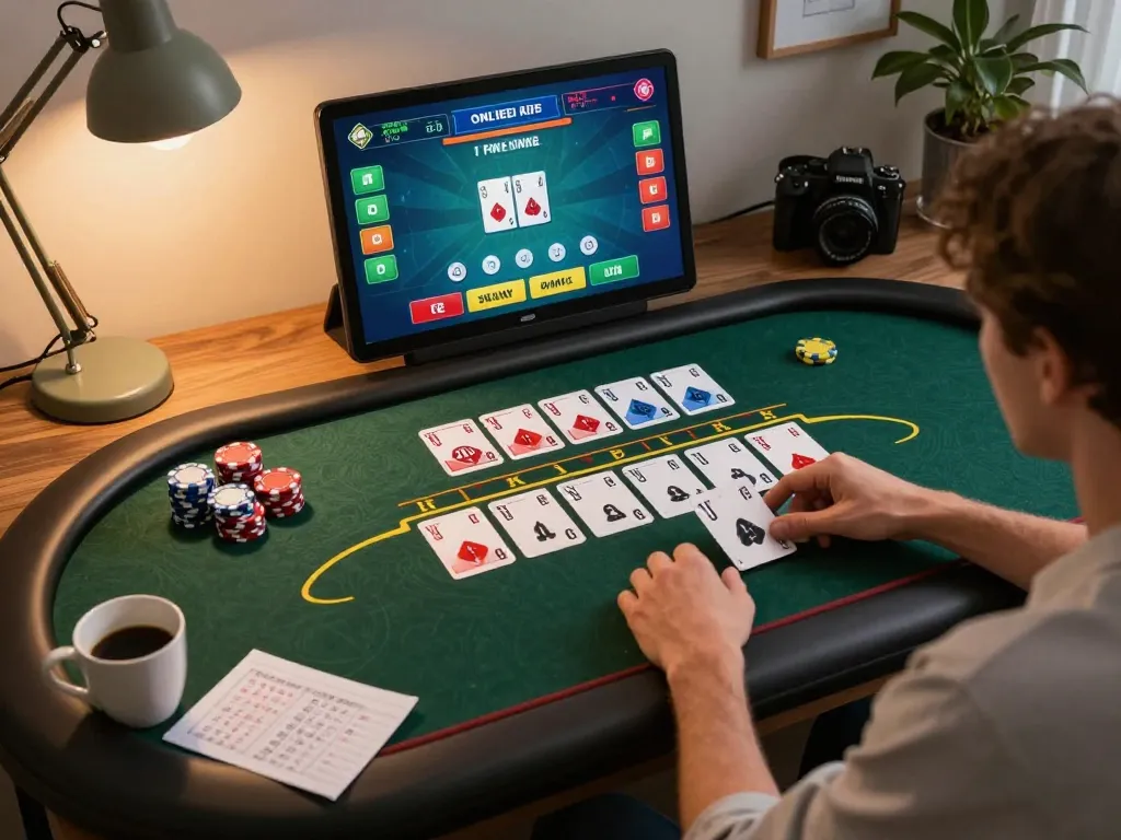 VT88 online blackjack gameplay in a cozy home office with a player's focused hand on chips