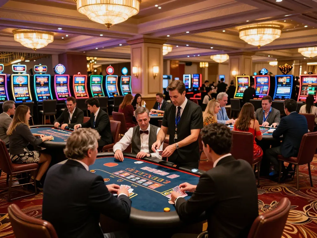 Engaging gameplay at OPEN88COM online casino with players at gaming tables surrounded by vibrant slot machines