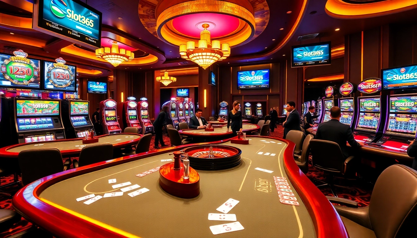Slot365 players enjoying an exciting game at a glamorous casino table with vibrant visuals.