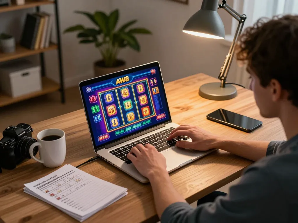 Engaging in AW8 casino slot games on a laptop in a cozy home office, showcasing responsible gaming.