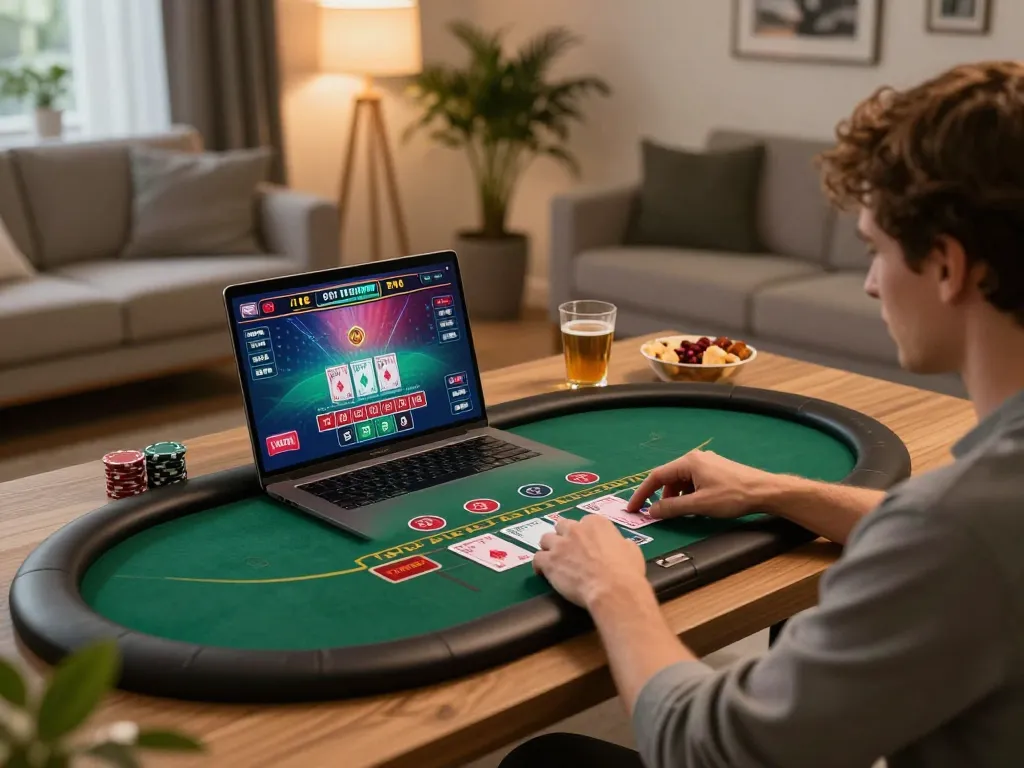 Engaging online blackjack gameplay at https://vin88us.com/ with a cozy home setup.