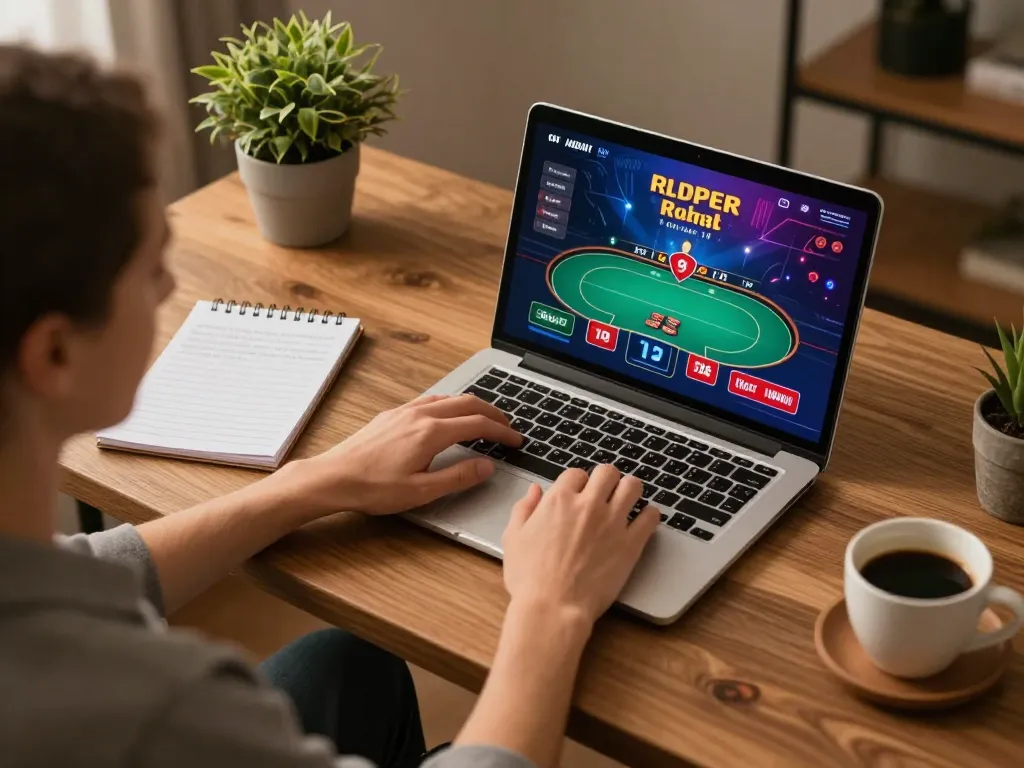 Engaging in online gambling at https://rr88co.net/ from a cozy home office setting, focusing on strategic gameplay.
