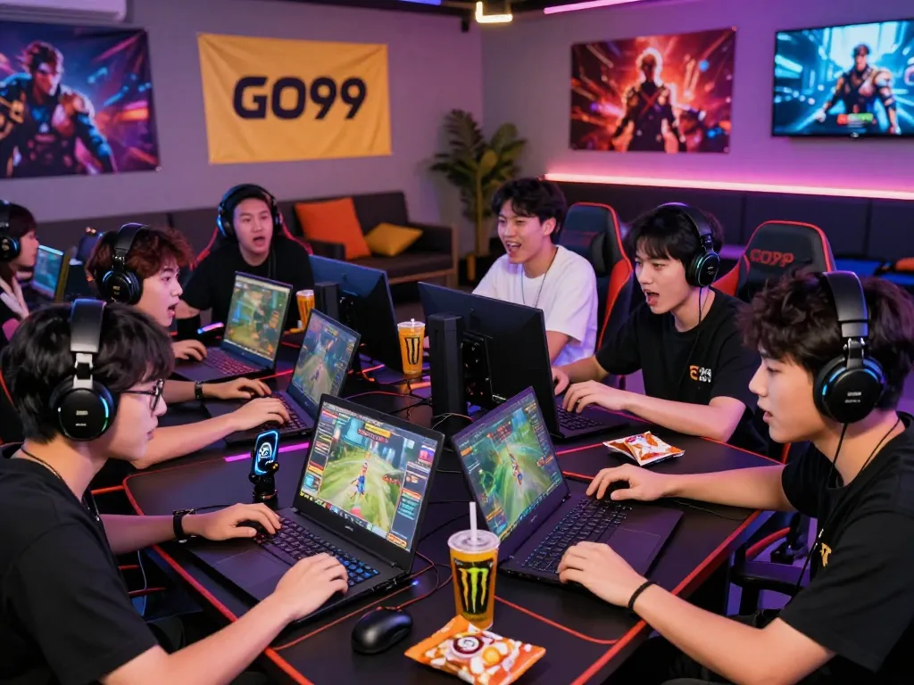 GO99 team enjoying an engaging multiplayer gaming experience in a vibrant lounge filled with gaming equipment and accessories.