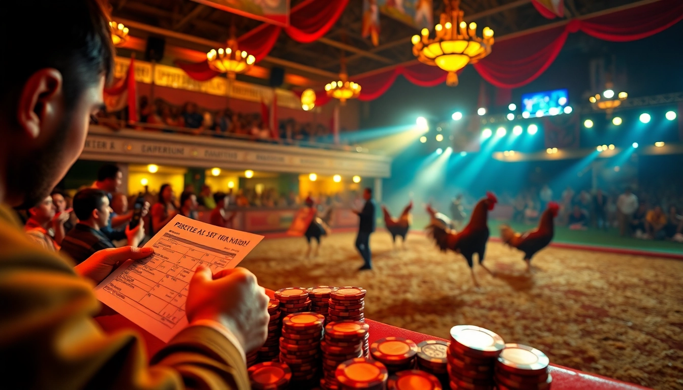 Exciting live cockfighting scene showcasing đá gà trực tiếp bets and vibrant betting atmosphere.