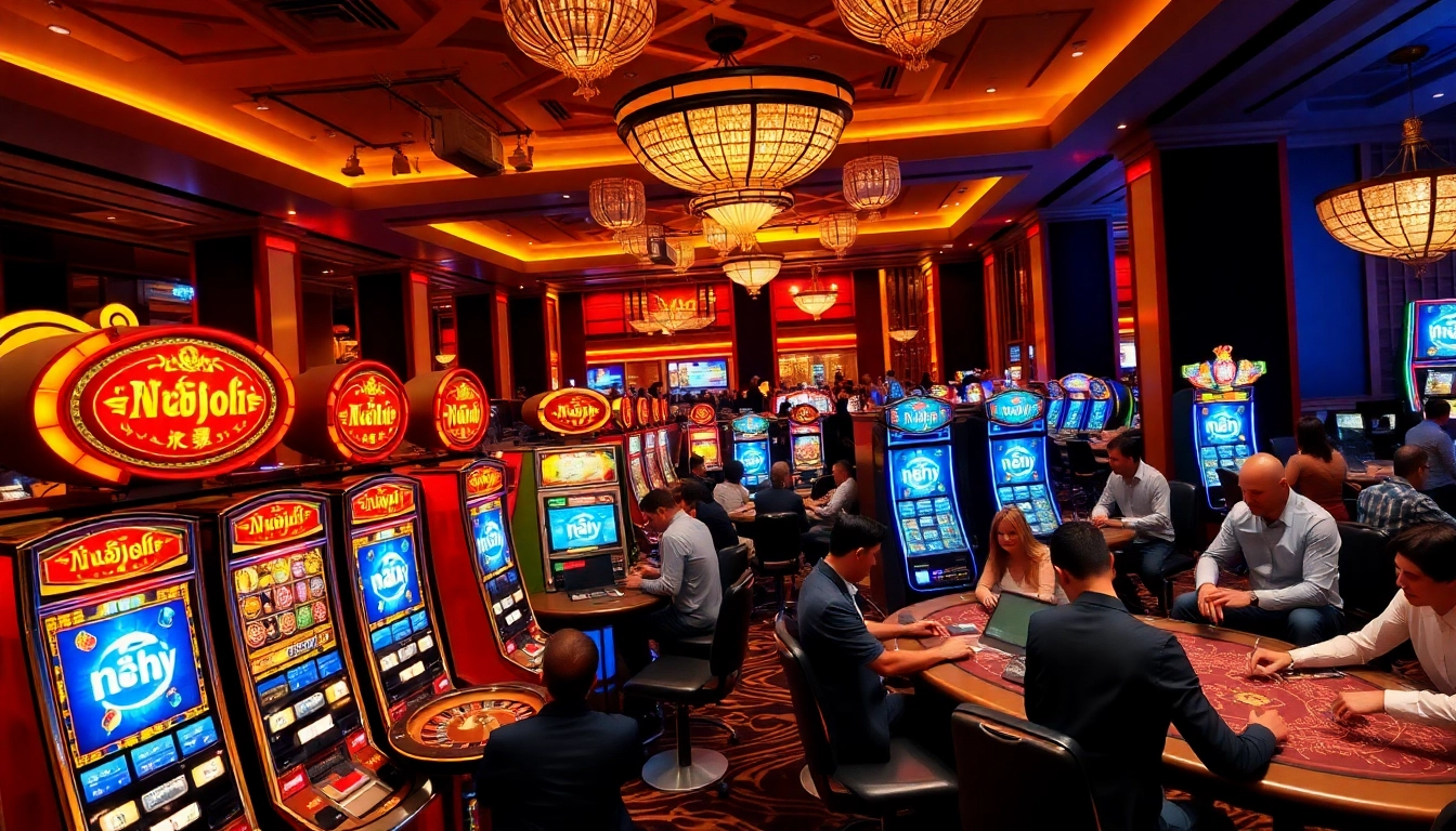 Excited players engaging with vibrant slot machines featuring nổ hũ in a luxurious casino setting.