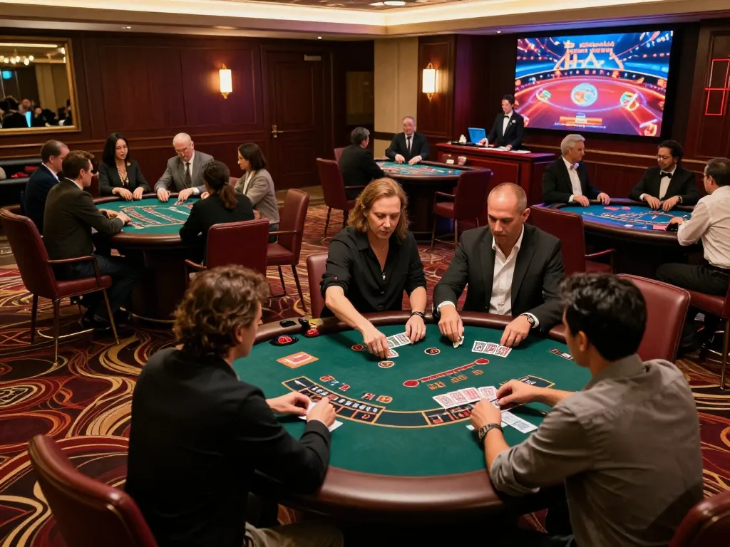 Players enjoy an exciting game at lc88 club blackjack tables, showcasing luxury and thrill of gambling.