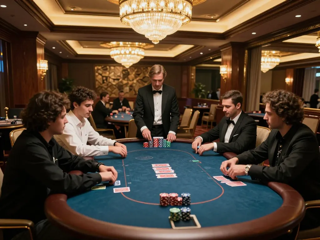 Players strategizing at a high-stakes poker table in a luxurious VIP room, showcasing the excitement of da88.