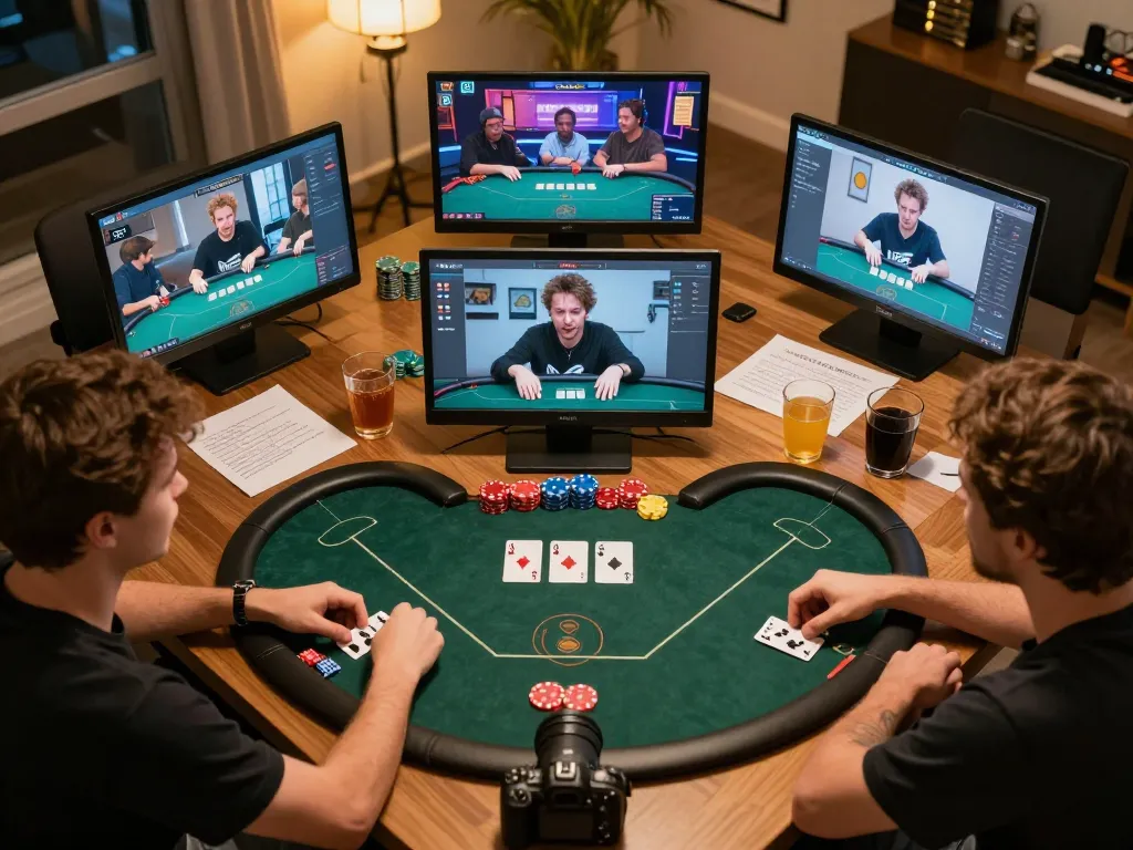 Online poker gameplay scene where friends engage in strategy while using ww88ho.com, showcasing excitement and camaraderie.