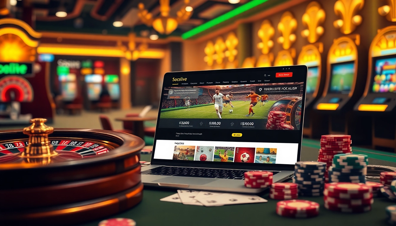 Socolive stream showcasing a vibrant online gambling atmosphere with poker chips and live football matches.