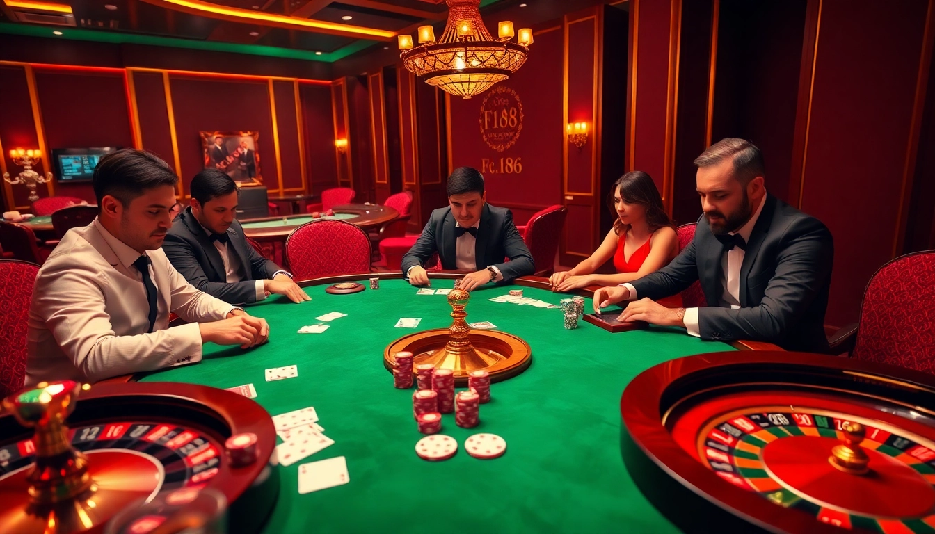 Gamblers strategizing at a luxurious F168 casino table filled with poker chips and cards.