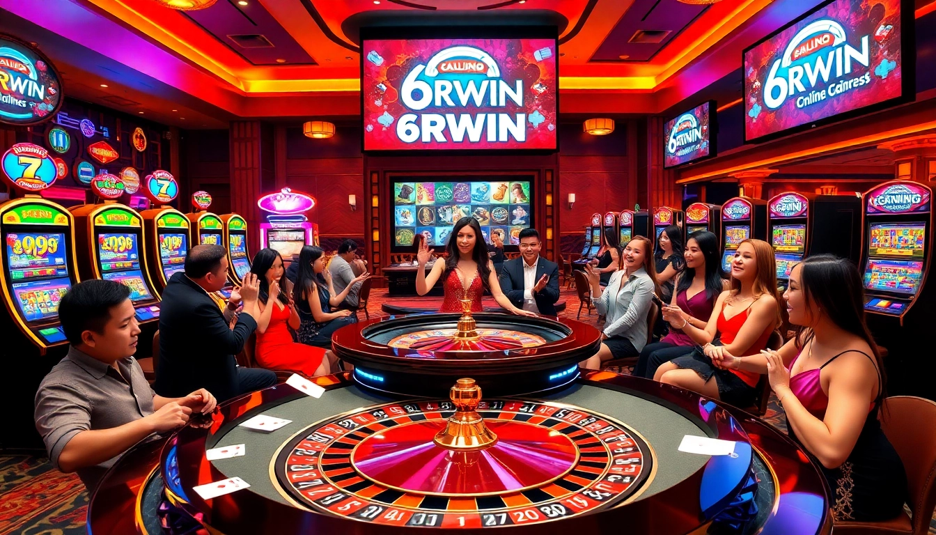 Exciting casino scene showcasing 6RWIN with players at roulette and slot machines.