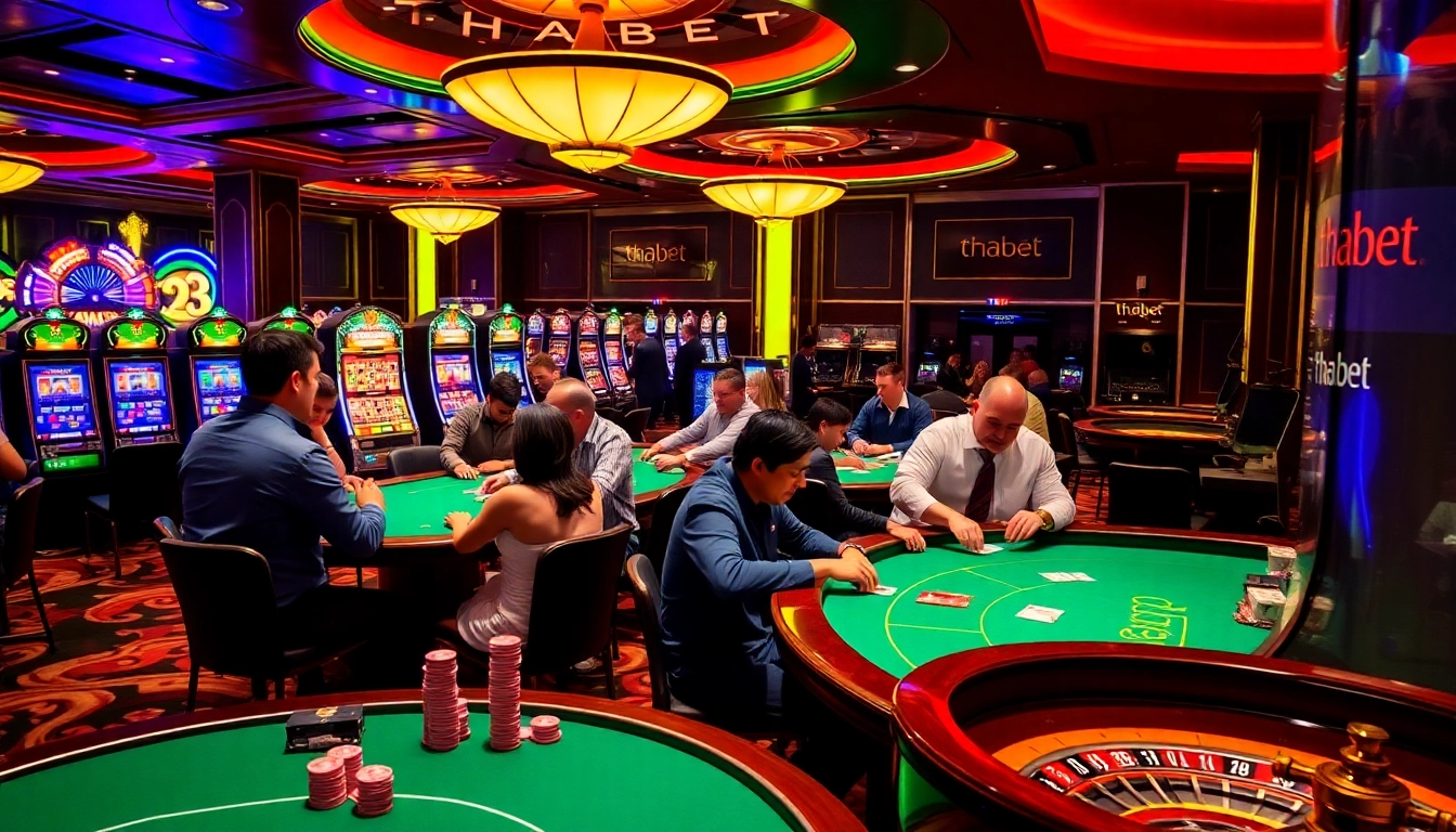 Experience the thrill at thabet's casino with players at the poker table.