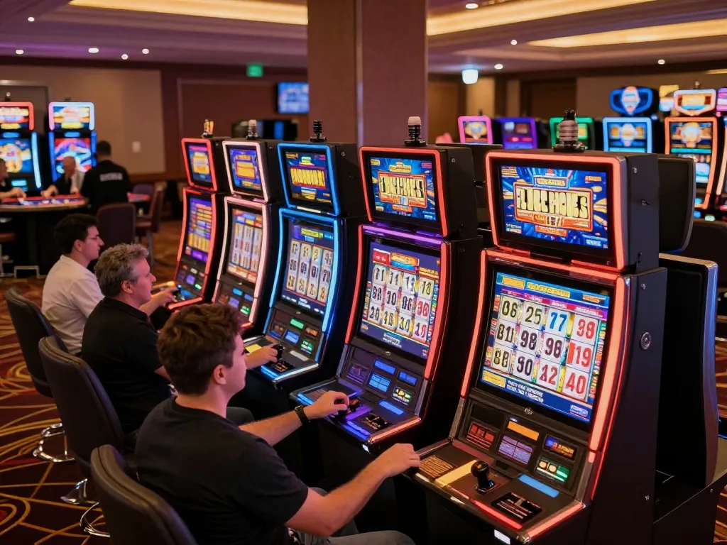 Players enjoying the thrills of sunwin slot machines, celebrating wins in a lively casino environment