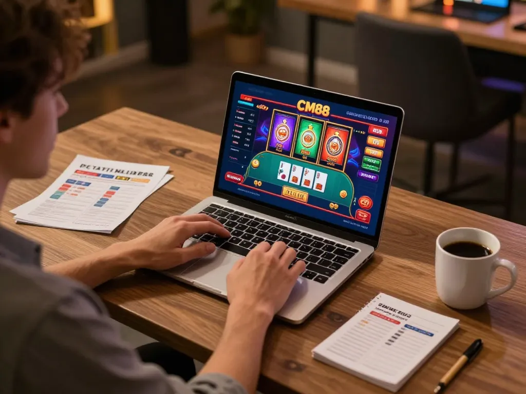 Engaging in online gaming at CM88 with vibrant display and cozy atmosphere.