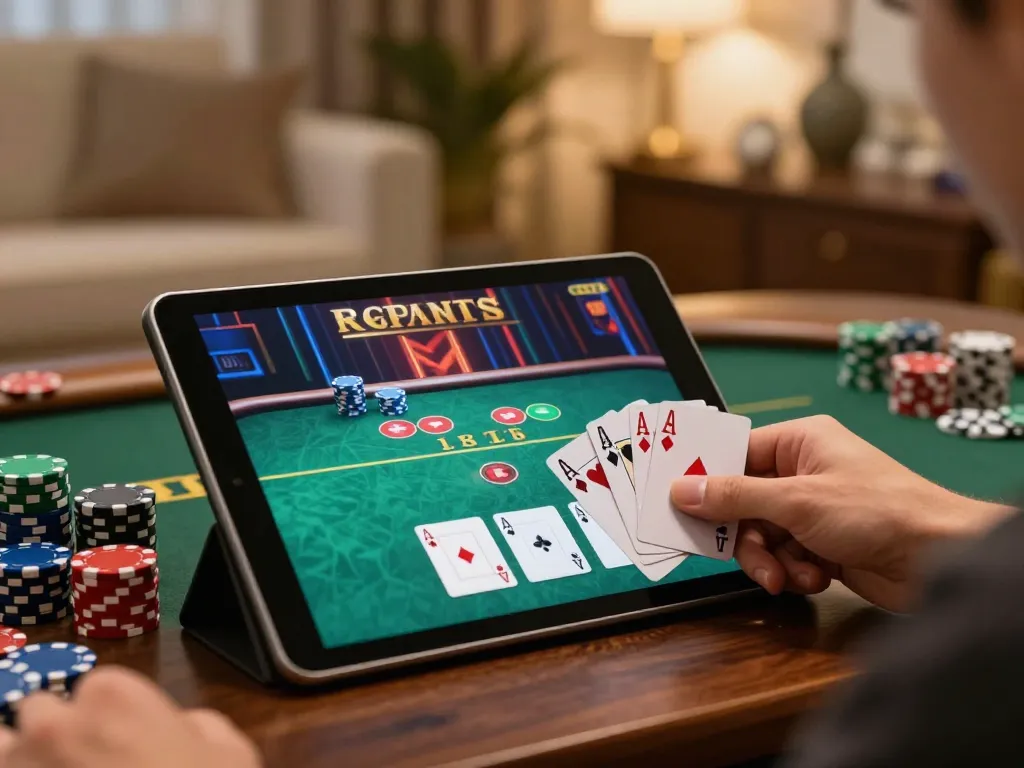 Engaging in a live poker game on a tablet featuring F168, showcasing a winning hand in a cozy home atmosphere.