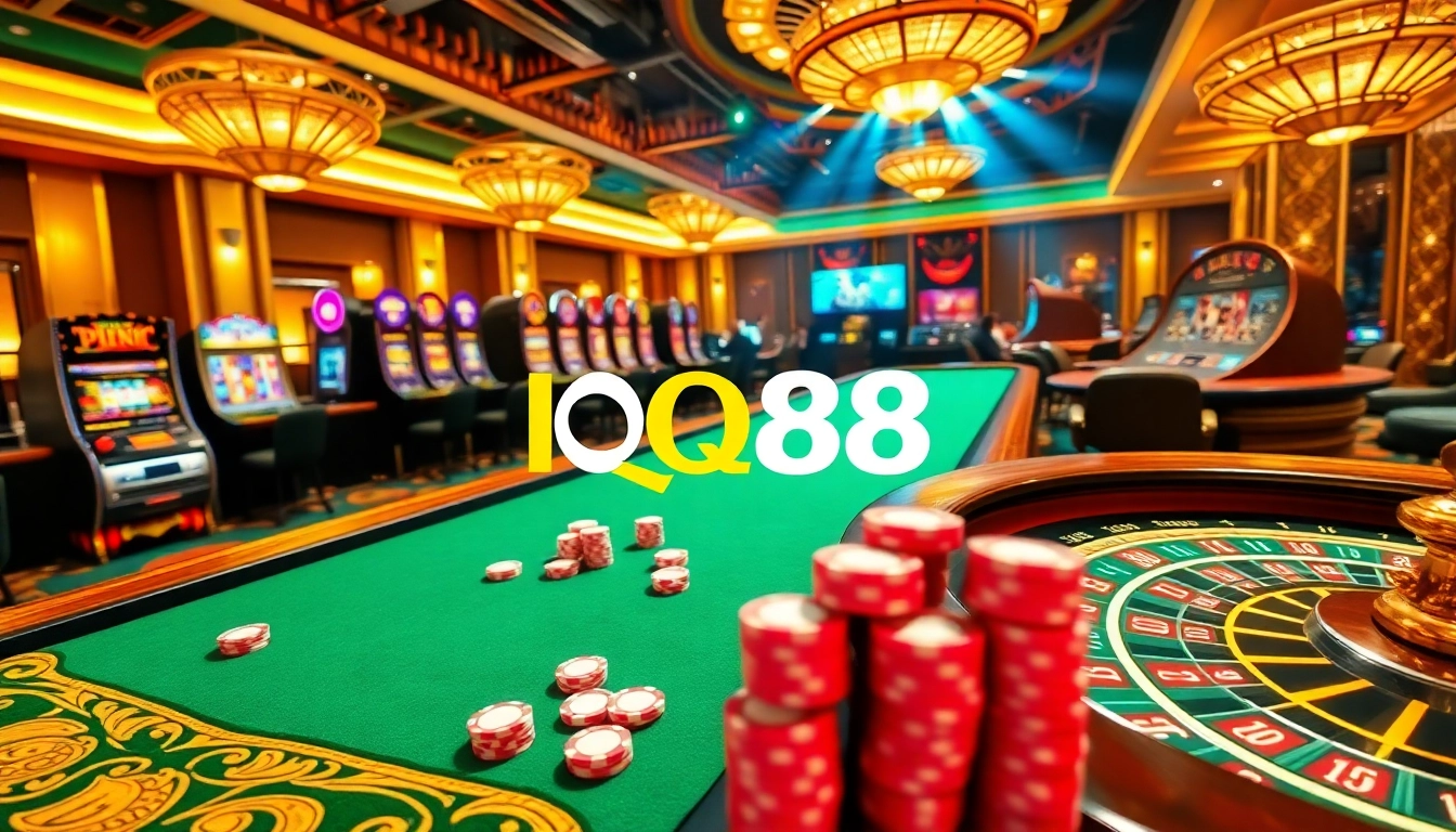 Exciting gamblers enjoying games at IQ88 casino, surrounded by vibrant tables and slot machines.
