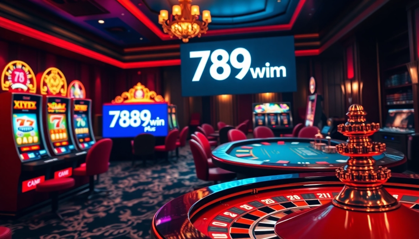 Engaging scene showcasing the thrill of online gambling at 789win plus with vibrant slot machines and poker tables.