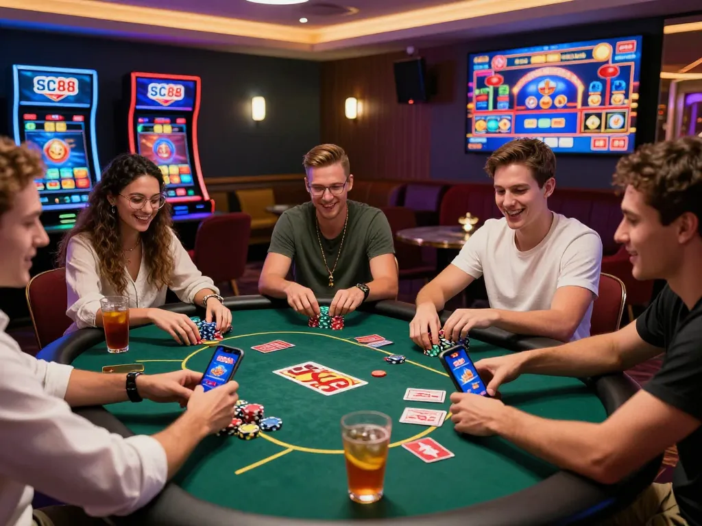 A lively casino night with friends enjoying SC88 gaming, showcasing poker action and vibrant atmosphere.