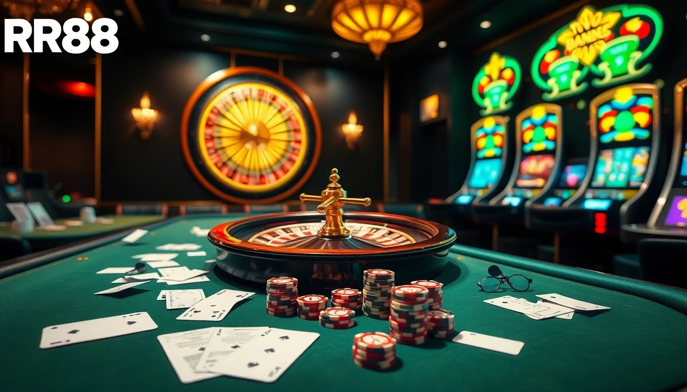 Players engaging in thrilling games at RR88's luxurious casino, with cards, chips, and roulette.