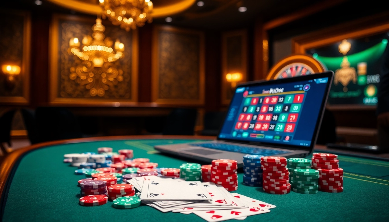 Game bài đổi thưởng action with colorful poker chips and cards, showcasing excitement in a casino setting.