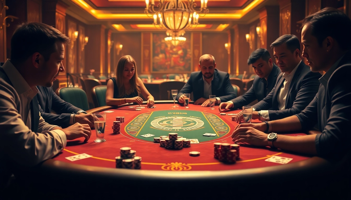 Players enjoy a tense poker game at the EV888 casino table, surrounded by luxury and excitement.