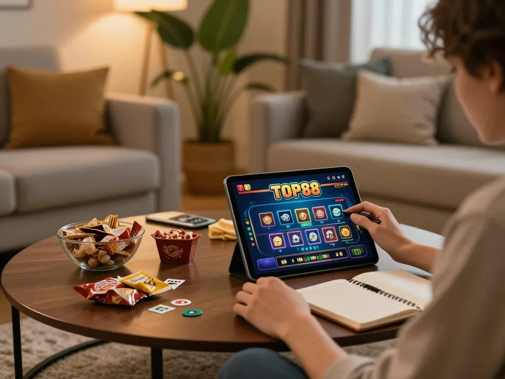 Engaged player enjoying TOP88 casino games on a tablet in a cozy living room